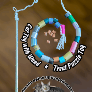 Cat Toy Wand & Treat Puzzle Toy made using recycled hula hoop scraps
