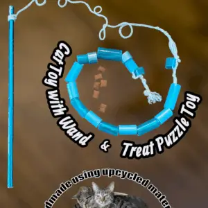 Cat Toy Wand & Treat Puzzle Toy made using recycled hula hoop scraps