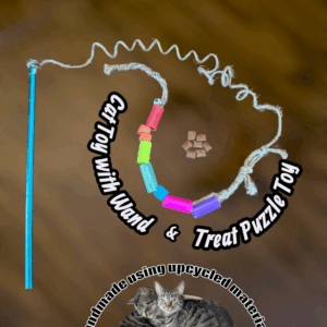 Cat Toy Wand & Treat Puzzle Toy made using recycled hula hoop scraps & hemp!